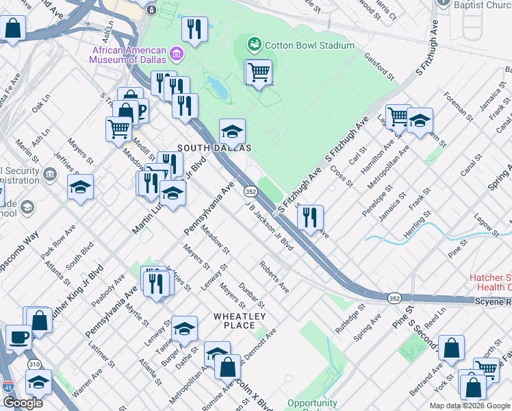 map of restaurants, bars, coffee shops, grocery stores, and more near 3308 Birmingham Avenue in Dallas