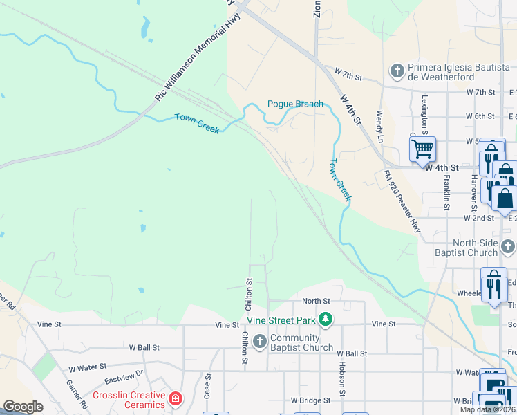 map of restaurants, bars, coffee shops, grocery stores, and more near 1102 Chilton Street in Weatherford