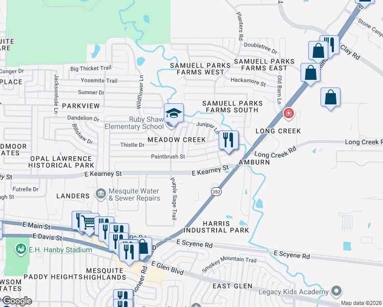 map of restaurants, bars, coffee shops, grocery stores, and more near 1405 Paintbrush Street in Mesquite