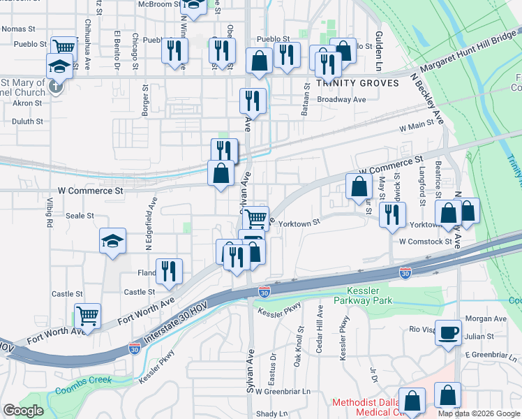 map of restaurants, bars, coffee shops, grocery stores, and more near 707 Seale Street in Dallas
