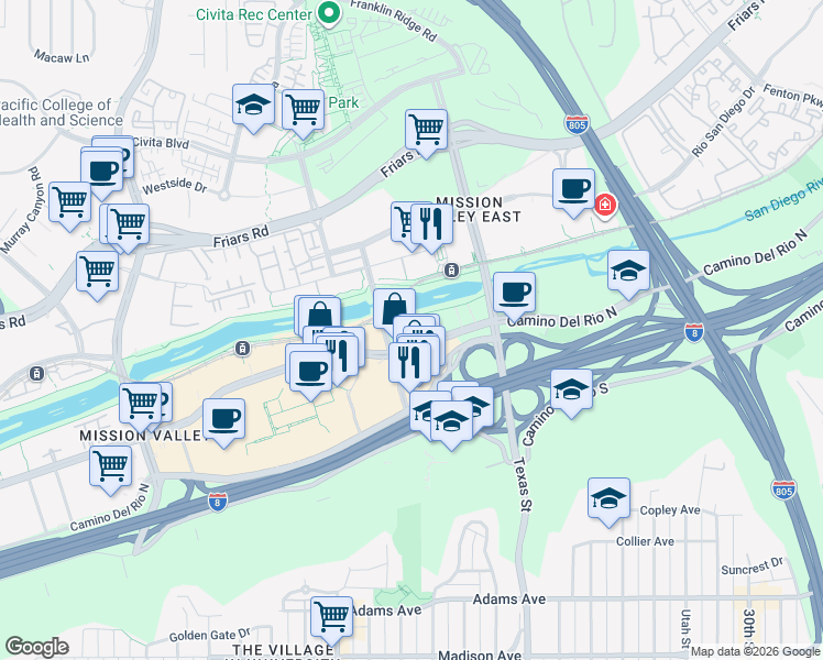 map of restaurants, bars, coffee shops, grocery stores, and more near 2020 Camino De La Reina in San Diego