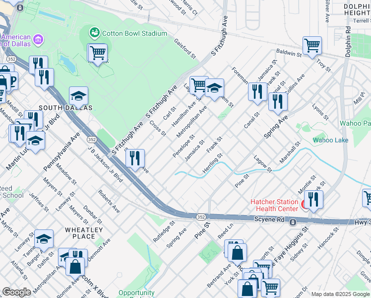map of restaurants, bars, coffee shops, grocery stores, and more near 3718 Penelope Street in Dallas