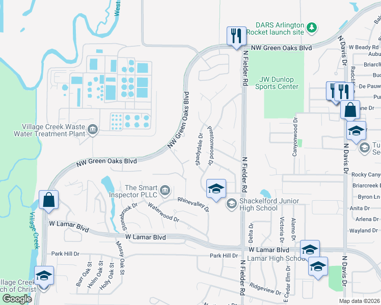map of restaurants, bars, coffee shops, grocery stores, and more near 2212 Shadydale Drive in Arlington