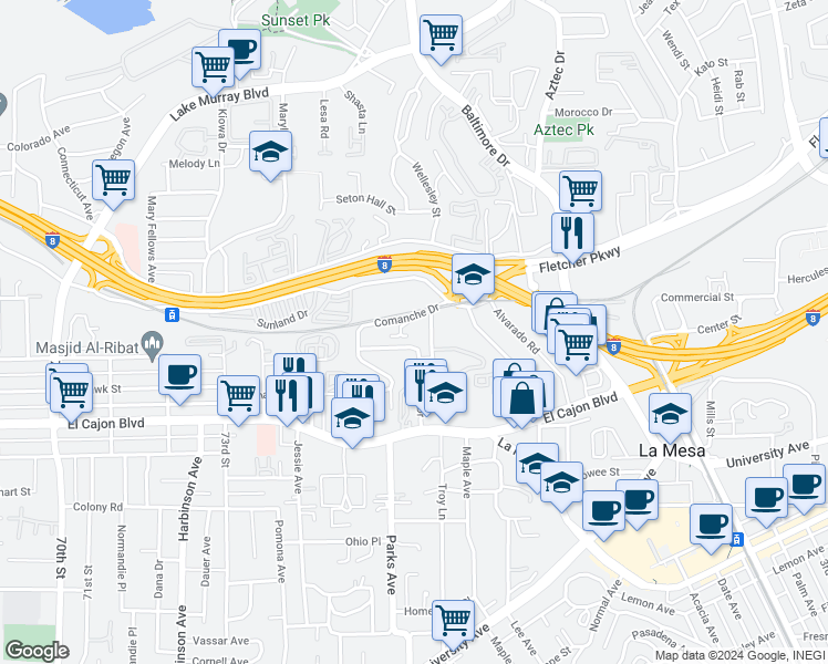 map of restaurants, bars, coffee shops, grocery stores, and more near 5185 Comanche Drive in La Mesa