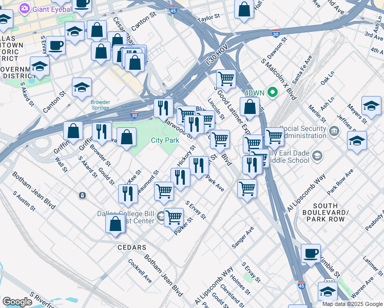 map of restaurants, bars, coffee shops, grocery stores, and more near 1830 Park Avenue in Dallas