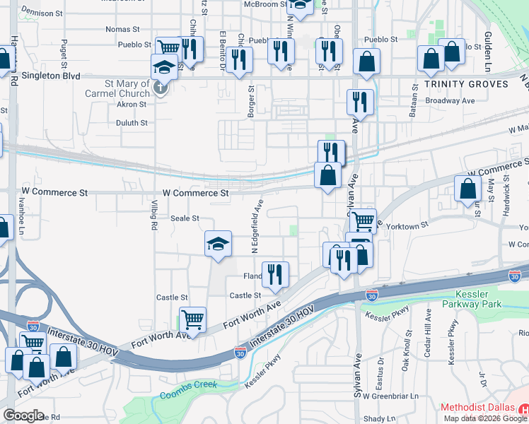 map of restaurants, bars, coffee shops, grocery stores, and more near 1222 West Commerce Street in Dallas