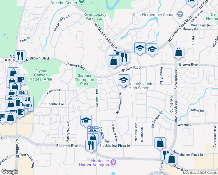map of restaurants, bars, coffee shops, grocery stores, and more near 2304 Forester Circle in Arlington