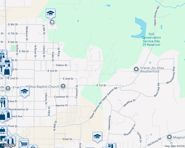 map of restaurants, bars, coffee shops, grocery stores, and more near 1002 East 3rd Street in Weatherford