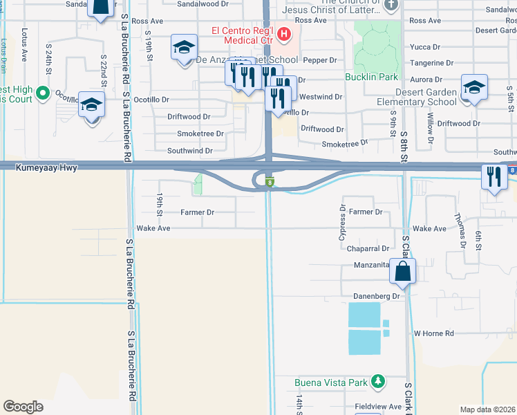 map of restaurants, bars, coffee shops, grocery stores, and more near 1518 Farmer Drive in El Centro