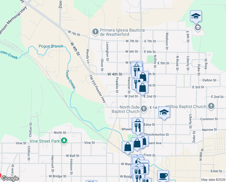 map of restaurants, bars, coffee shops, grocery stores, and more near 309 West 3rd Street in Weatherford