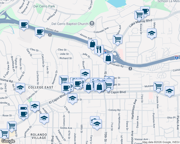map of restaurants, bars, coffee shops, grocery stores, and more near 5150 69th Street in San Diego