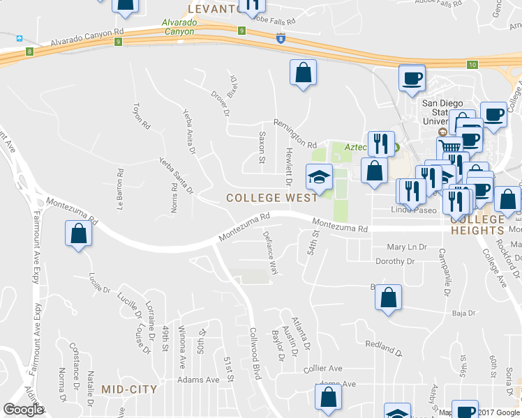 map of restaurants, bars, coffee shops, grocery stores, and more near 5241 Stone Court in San Diego