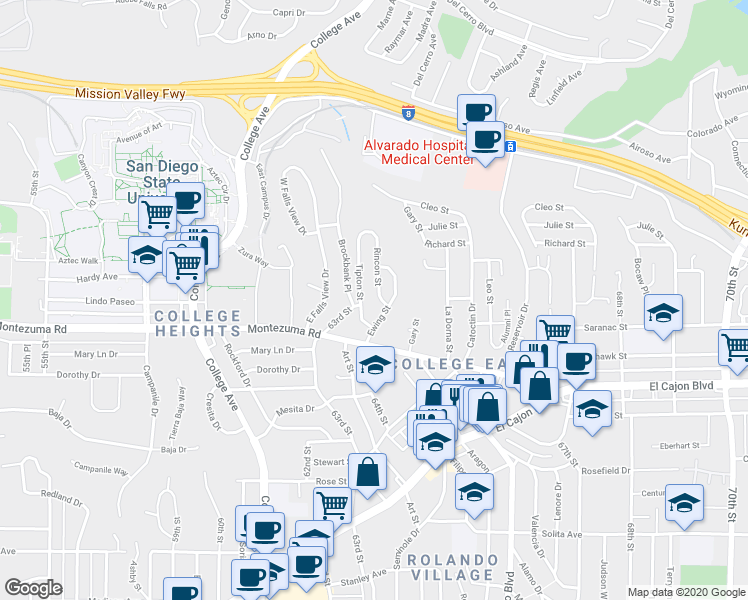 map of restaurants, bars, coffee shops, grocery stores, and more near 5144 Rincon Street in San Diego