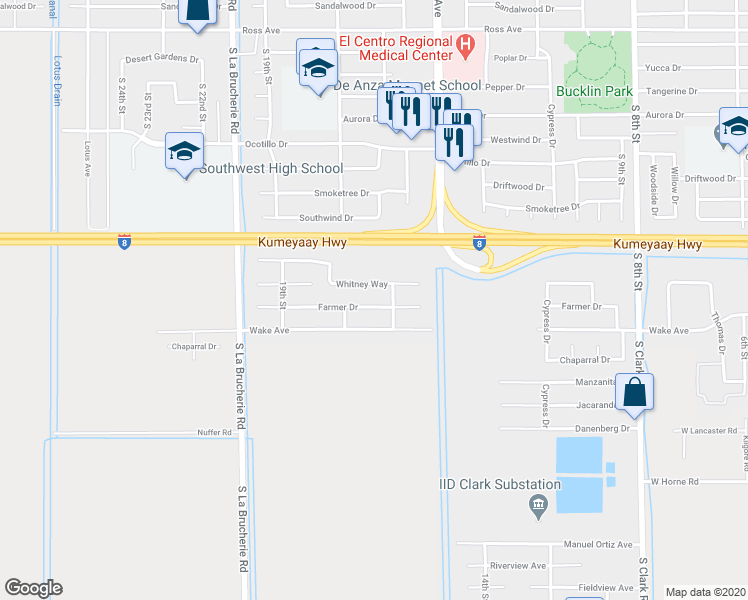 map of restaurants, bars, coffee shops, grocery stores, and more near 1674 Farmer Drive in El Centro