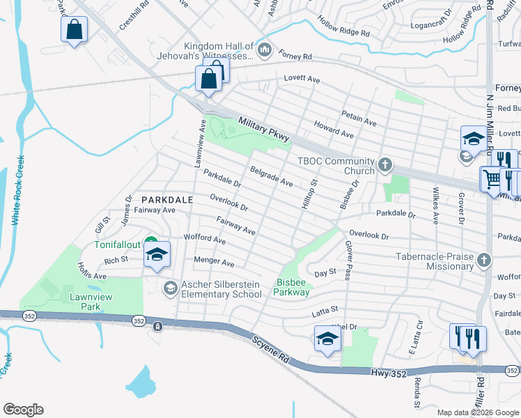 map of restaurants, bars, coffee shops, grocery stores, and more near 6138 Parkdale Drive in Dallas