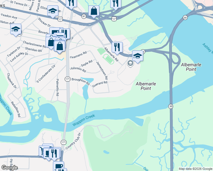 map of restaurants, bars, coffee shops, grocery stores, and more near 11 Guerard Road in Charleston