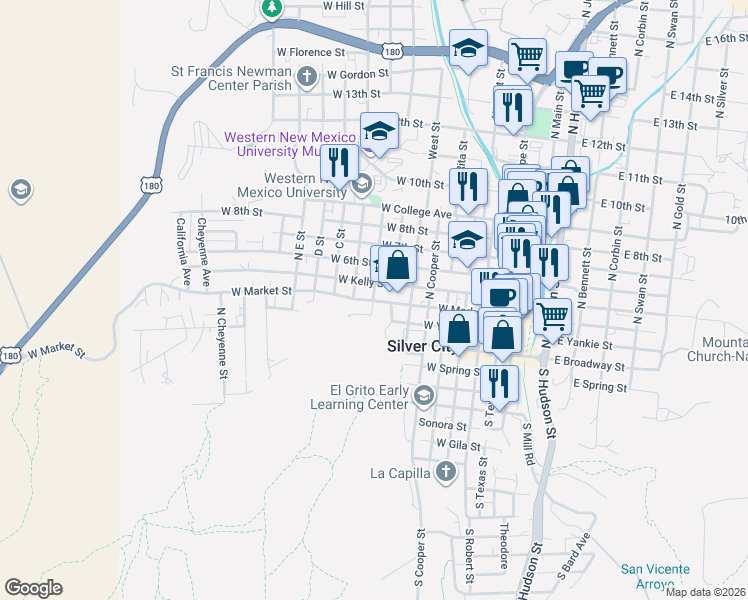 map of restaurants, bars, coffee shops, grocery stores, and more near 813 West Kelly Street in Silver City