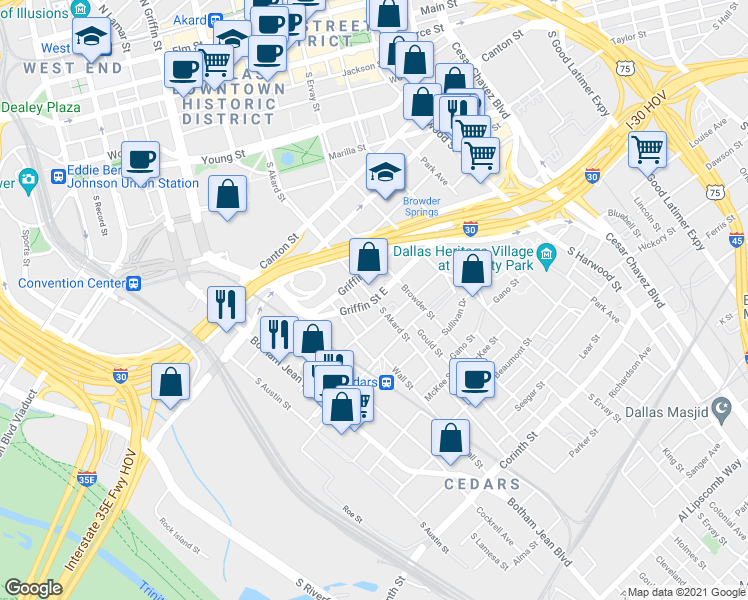 map of restaurants, bars, coffee shops, grocery stores, and more near Griffin St E & S Akard St in Dallas