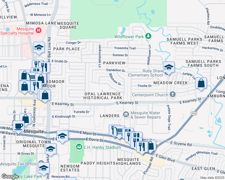 map of restaurants, bars, coffee shops, grocery stores, and more near 522 Pearl Court in Mesquite