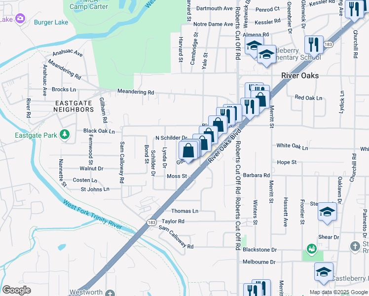 map of restaurants, bars, coffee shops, grocery stores, and more near 820 Walter Drive in River Oaks