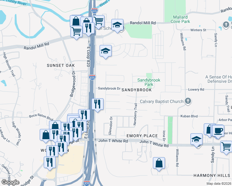 map of restaurants, bars, coffee shops, grocery stores, and more near 6932 Sandybrook Drive in Fort Worth