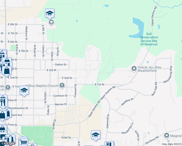 map of restaurants, bars, coffee shops, grocery stores, and more near 946 East 3rd Street in Weatherford