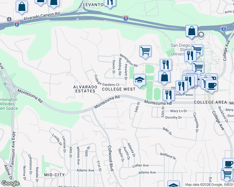 map of restaurants, bars, coffee shops, grocery stores, and more near 5257 Stone Court in San Diego