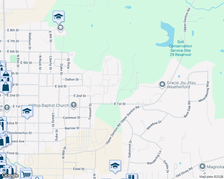 map of restaurants, bars, coffee shops, grocery stores, and more near 1002 East 3rd Street in Weatherford