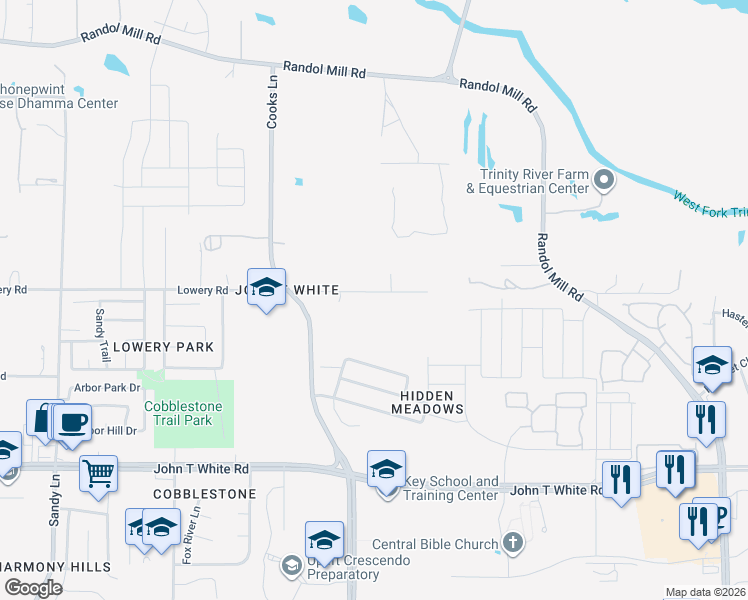 map of restaurants, bars, coffee shops, grocery stores, and more near 7918 Lowery Road in Fort Worth