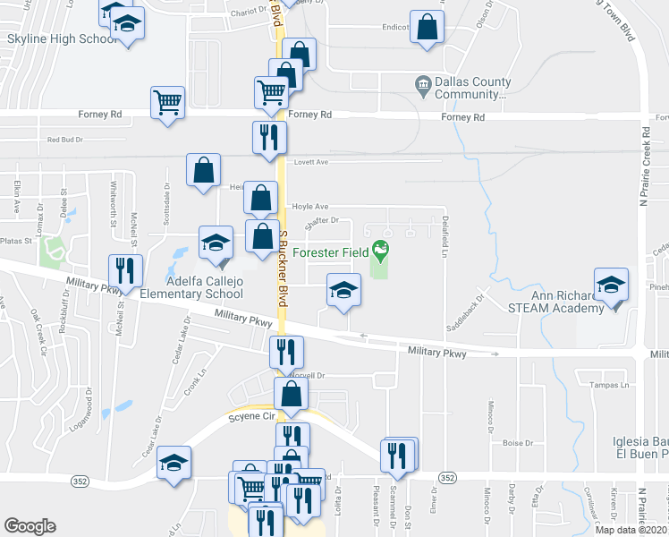 map of restaurants, bars, coffee shops, grocery stores, and more near 8158 Elaine Drive in Dallas