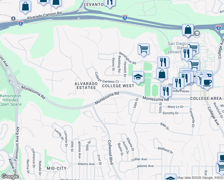 map of restaurants, bars, coffee shops, grocery stores, and more near 5233 Stone Court in San Diego