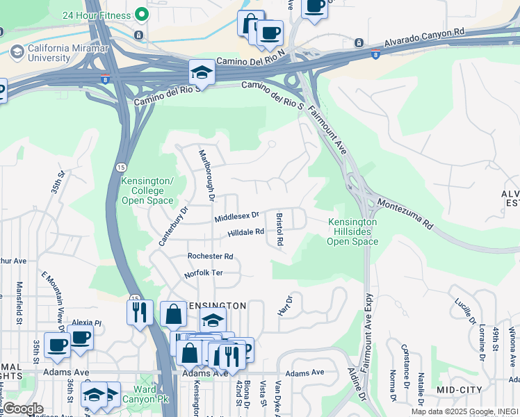 map of restaurants, bars, coffee shops, grocery stores, and more near 4242 Middlesex Drive in San Diego