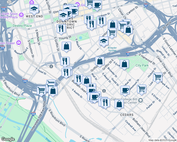map of restaurants, bars, coffee shops, grocery stores, and more near 1201 South Griffin Street in Dallas