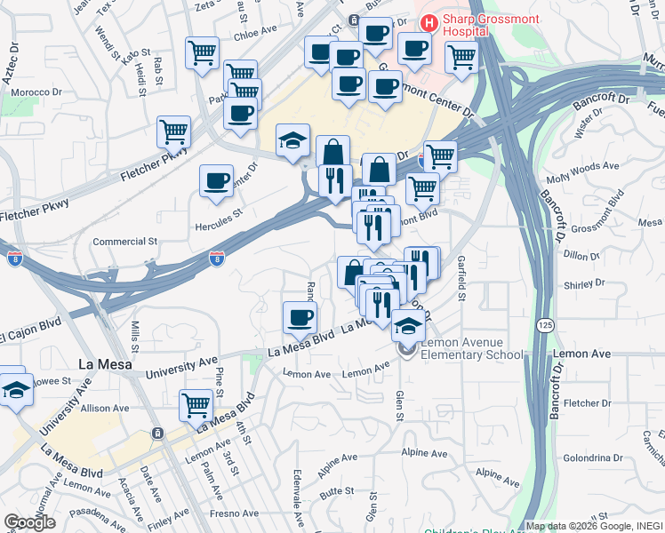 map of restaurants, bars, coffee shops, grocery stores, and more near 8610 Hayes Street in La Mesa