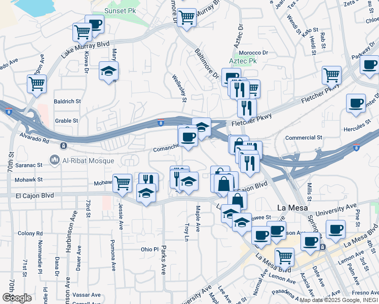 map of restaurants, bars, coffee shops, grocery stores, and more near 5176 Guava Avenue in La Mesa