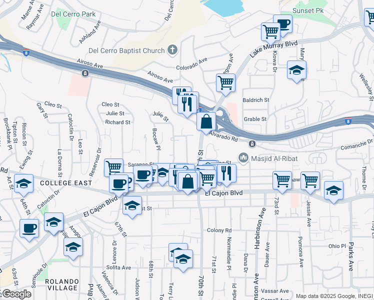 map of restaurants, bars, coffee shops, grocery stores, and more near 5131 Manchester Road in San Diego