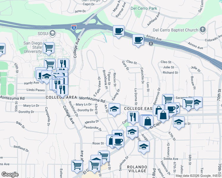 map of restaurants, bars, coffee shops, grocery stores, and more near 5144 Tipton Street in San Diego