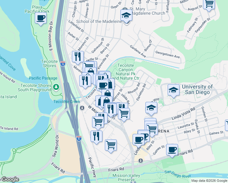 map of restaurants, bars, coffee shops, grocery stores, and more near 1308 Viola Street in San Diego