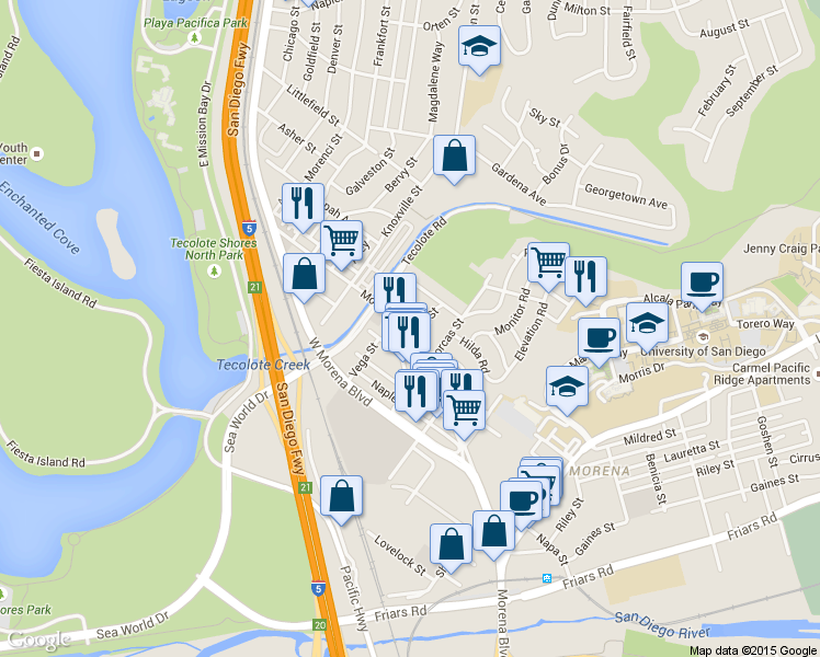 map of restaurants, bars, coffee shops, grocery stores, and more near 1308 Viola Street in San Diego
