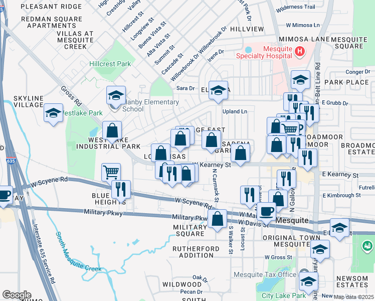 map of restaurants, bars, coffee shops, grocery stores, and more near 852 Brockden Drive in Mesquite
