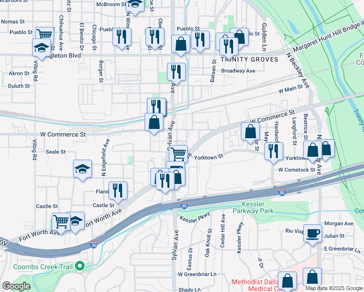 map of restaurants, bars, coffee shops, grocery stores, and more near 2106 Evanston Avenue in Dallas