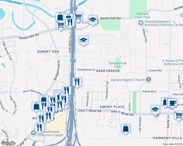 map of restaurants, bars, coffee shops, grocery stores, and more near 6932 Sandybrook Drive in Fort Worth