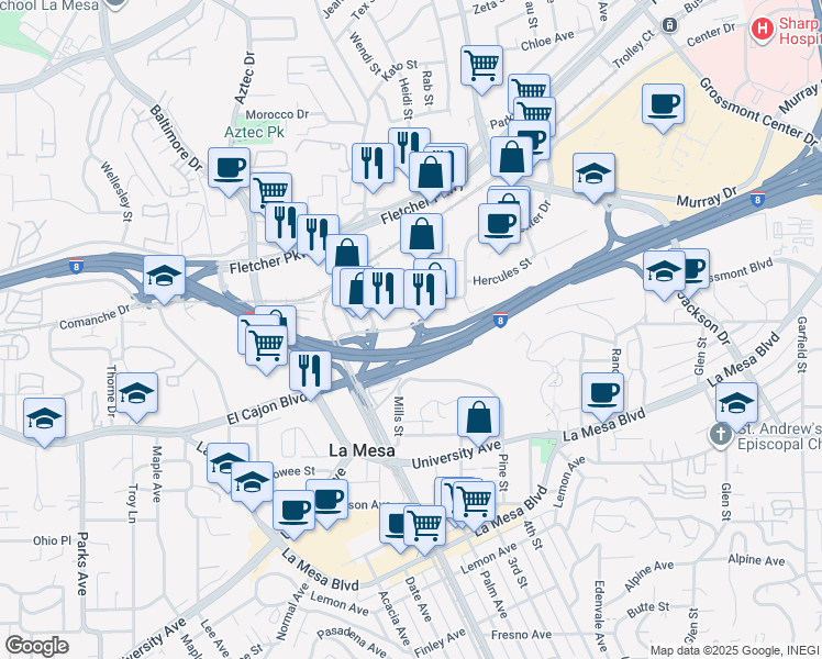 map of restaurants, bars, coffee shops, grocery stores, and more near 8176 Center Street in La Mesa