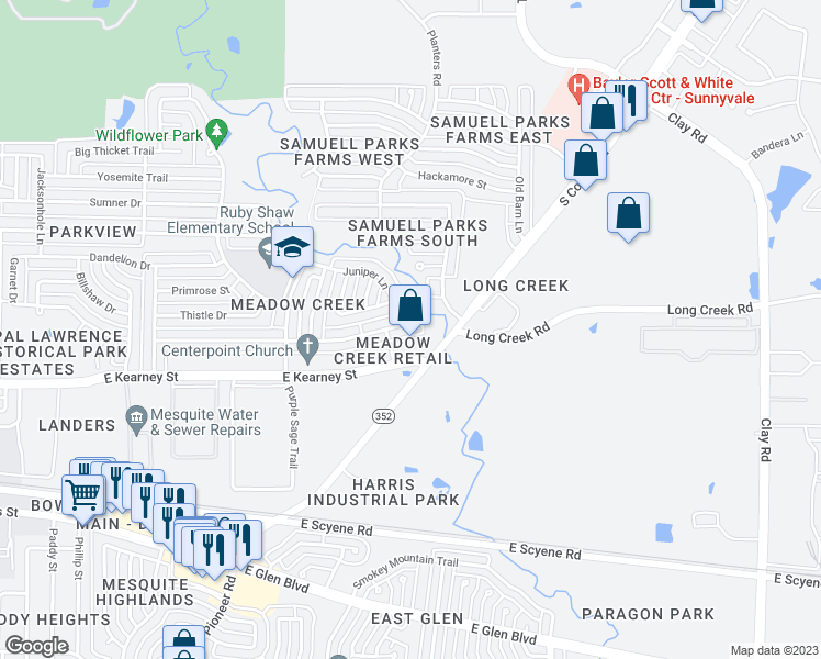 map of restaurants, bars, coffee shops, grocery stores, and more near 1604 Paintbrush Street in Mesquite