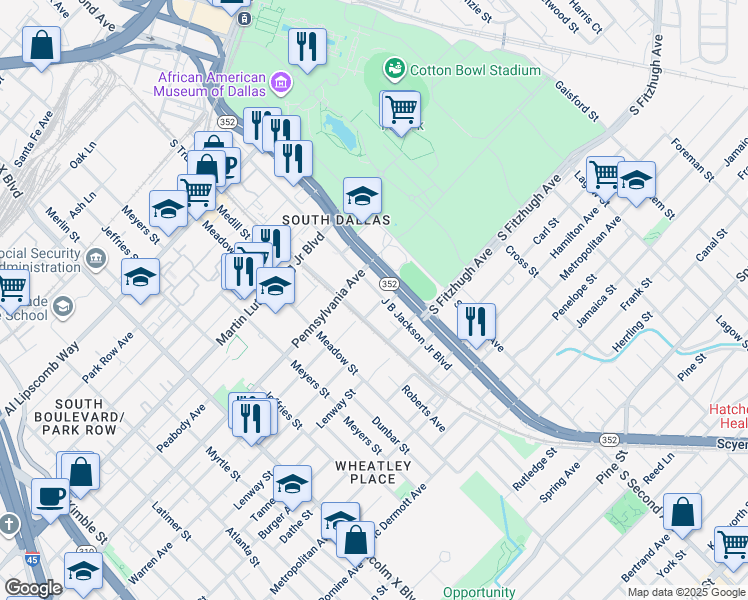 map of restaurants, bars, coffee shops, grocery stores, and more near 1725 J B Jackson Junior Boulevard in Dallas