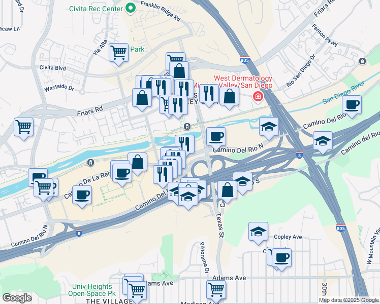 map of restaurants, bars, coffee shops, grocery stores, and more near 2150 Camino De La Reina in San Diego
