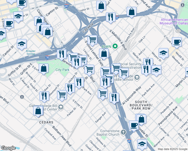 map of restaurants, bars, coffee shops, grocery stores, and more near 2102 North Corinth Street Road in Dallas