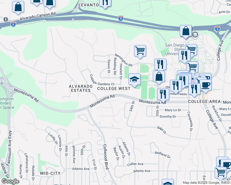 map of restaurants, bars, coffee shops, grocery stores, and more near 5257 Stone Court in San Diego