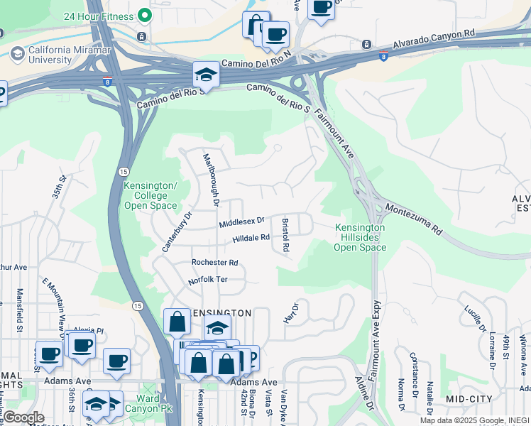 map of restaurants, bars, coffee shops, grocery stores, and more near 4242 Middlesex Drive in San Diego