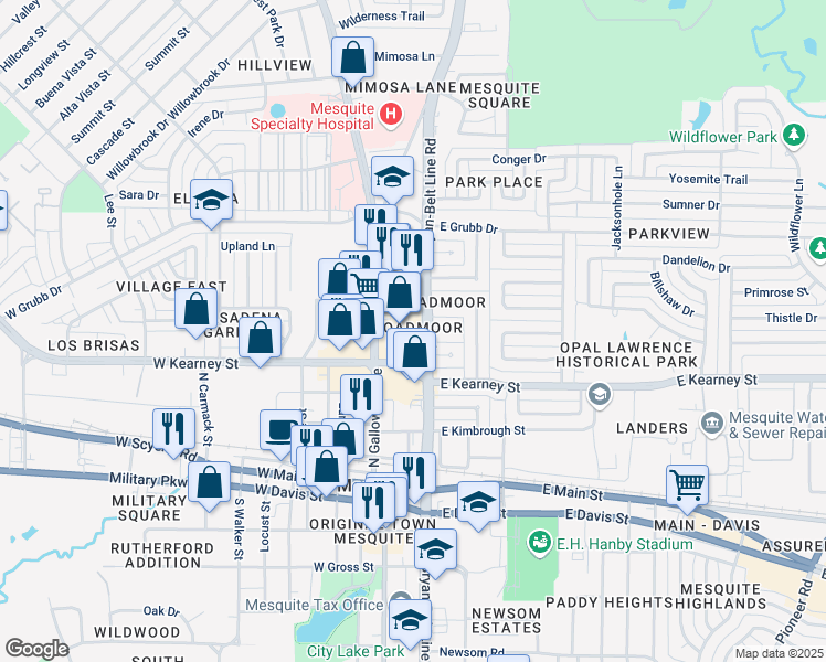 map of restaurants, bars, coffee shops, grocery stores, and more near in Mesquite